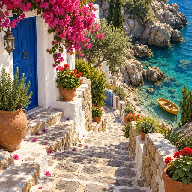 Stone steps winding past pink flowers and a blue door to a clear Mediterranean cove