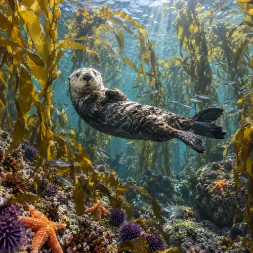 A sea otter floating through sunlit kelp above a colorful underwater reef
