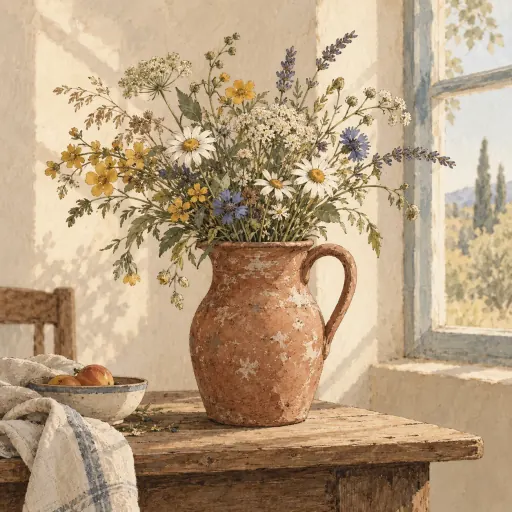 Wildflowers in a terracotta pitcher beside a sunlit window